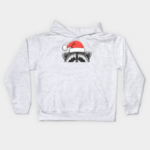 Raccoon in a Santa hat Kids Hoodie by NikKor